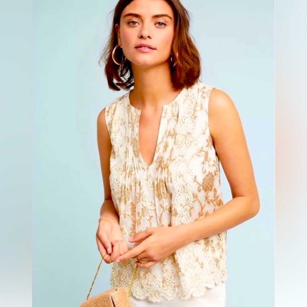 Anthropologie Moulinette Soeurs  Skylar Shine Gold Embroidered Top size 4